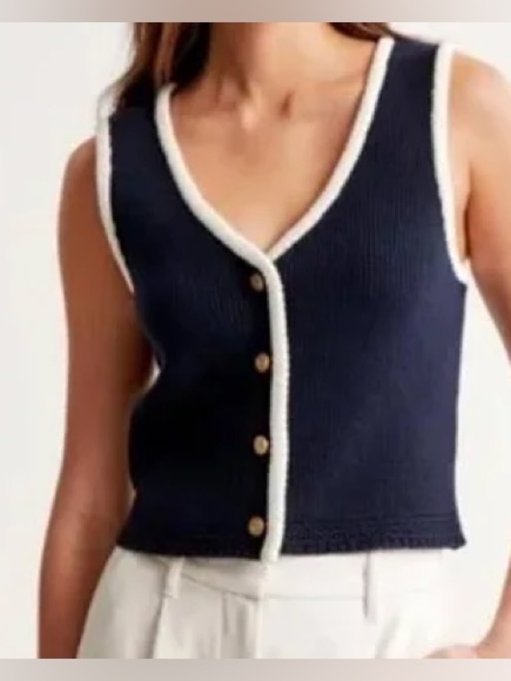 Vigoss Tipped Cable Knit Sweater Vest with contrast trim and button front.